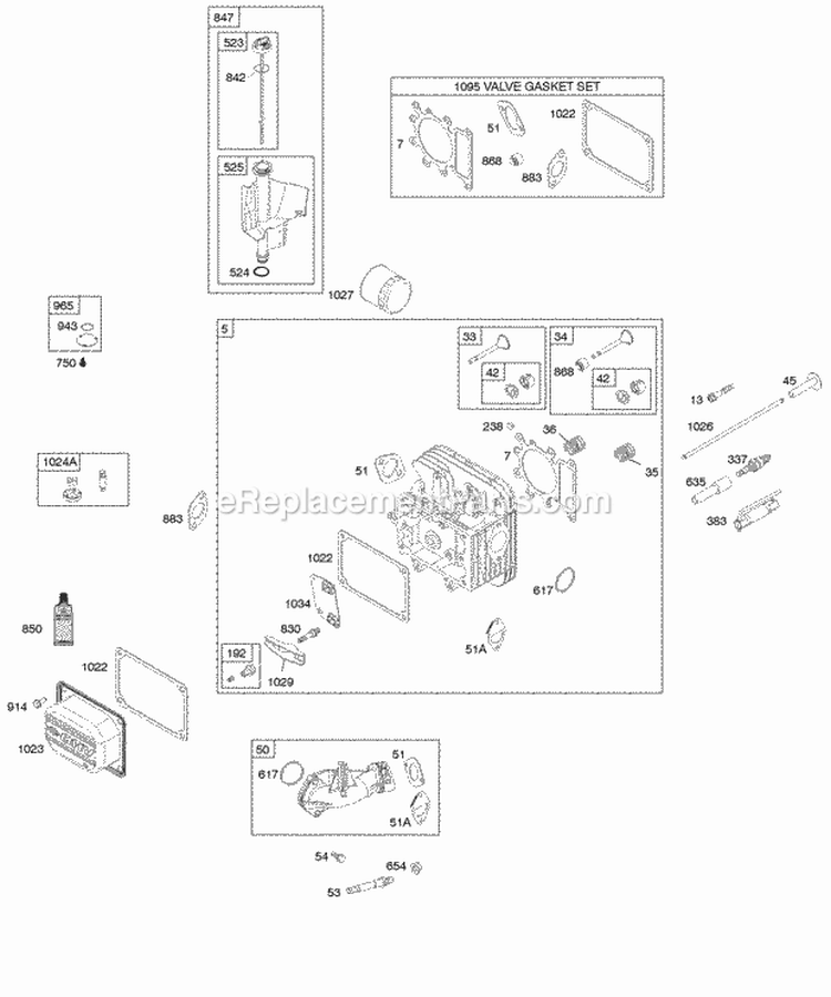 Cylinder Head Gasket Set - Valve Lubrication Valves Diagram and Parts List for 31D707-0193-E1  Briggs and Stratton Engine